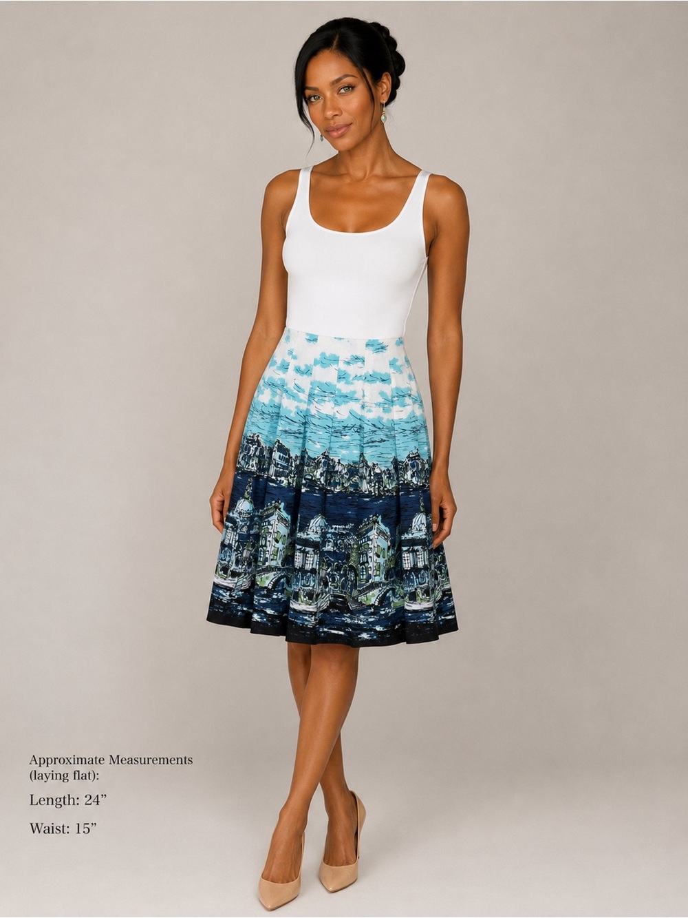 Talbots Venice Print Pleated A-Line Skirt Blue White Travel 4P